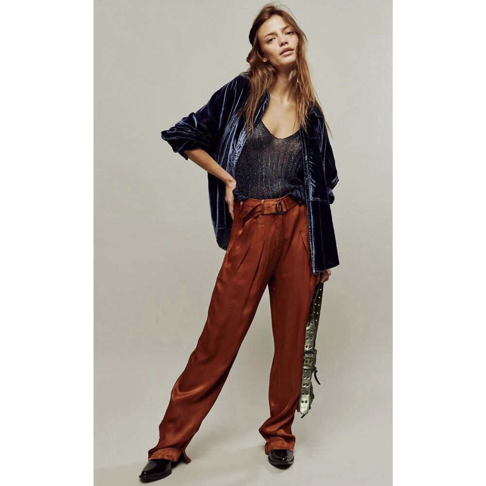 Hansen & Gretel Rust Satin Wide Leg Pants Size L Tie Waist High Rise